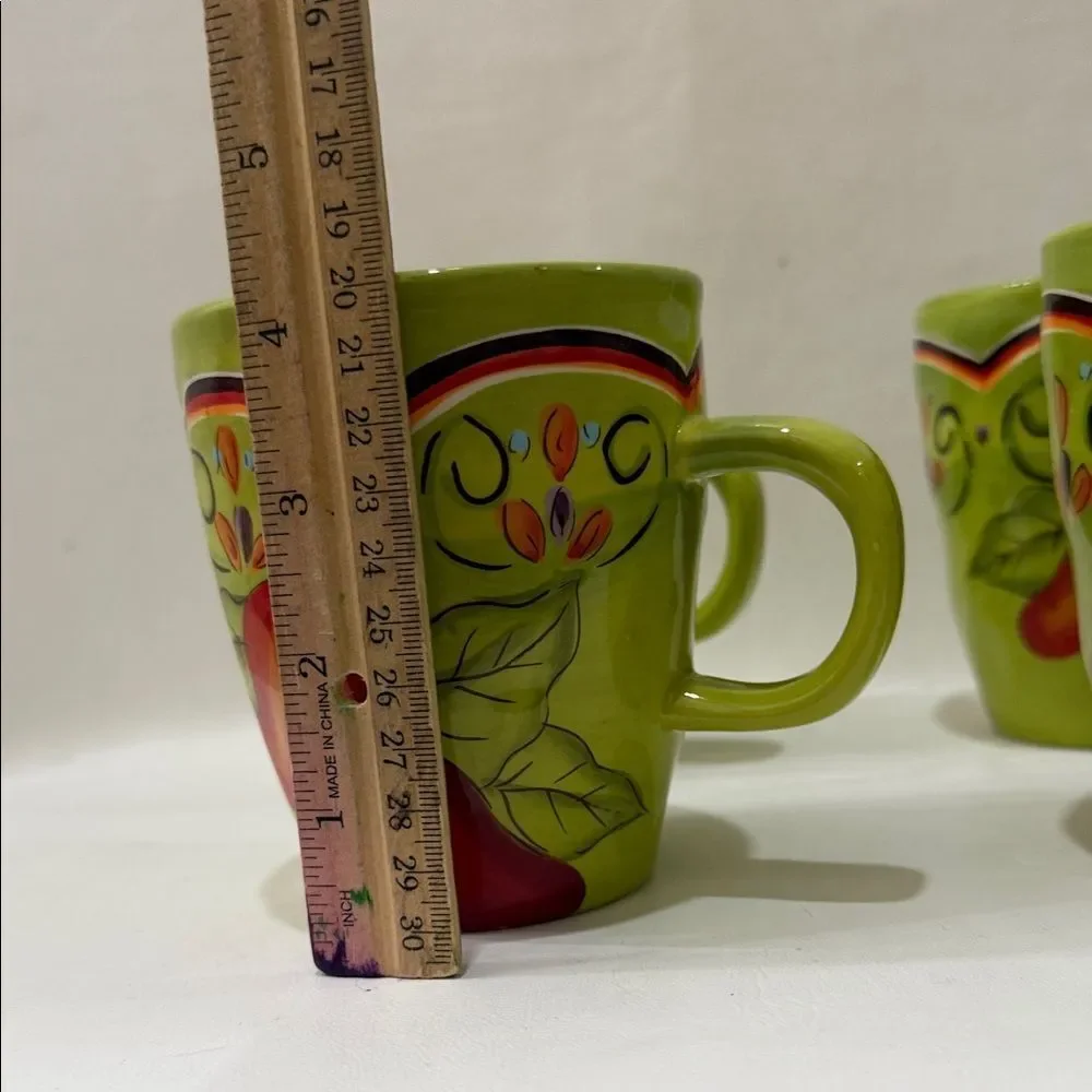 Pier 1 Pasilla Mug Set 4 Green Yellow Pepper Theme 3 1/2 In Round 4 1/4 In Tall